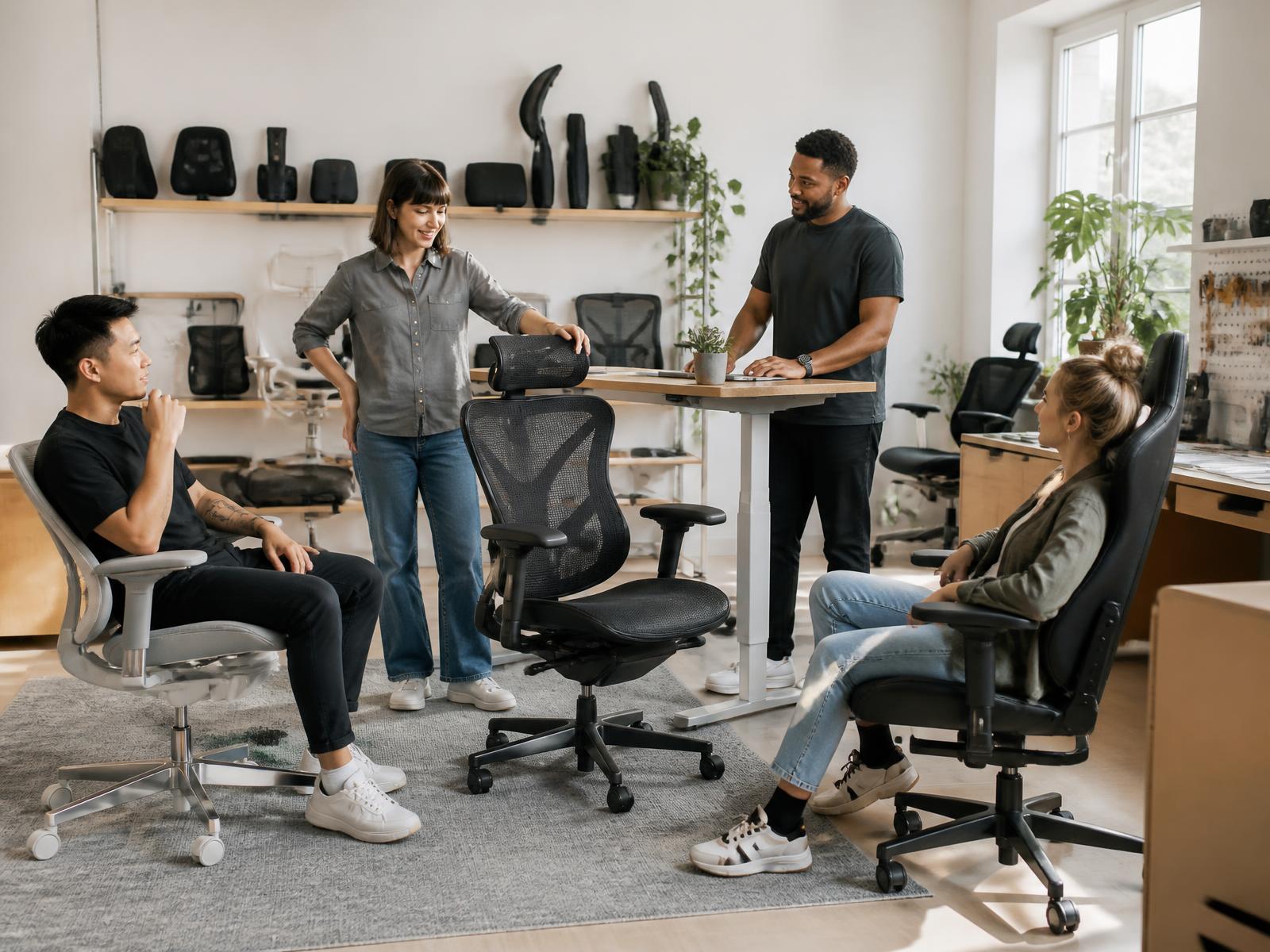 Sleek Setups team testing ergonomic chairs in the studio